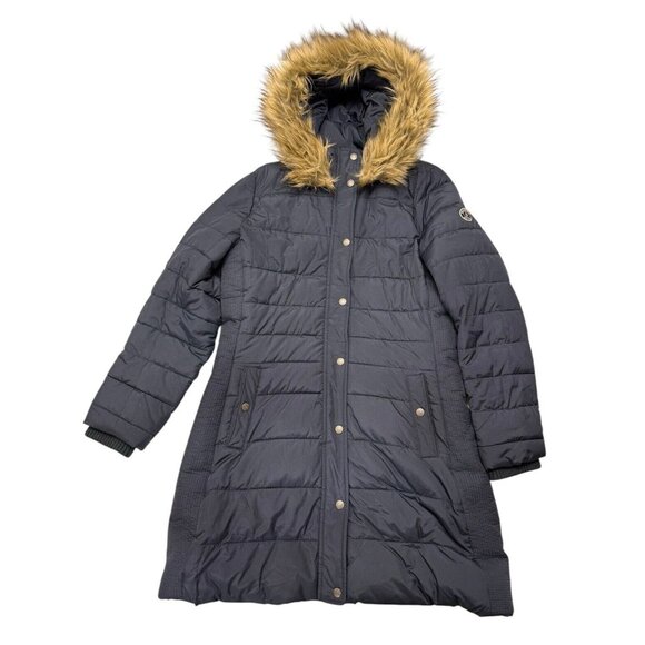 Abercrombie & Fitch Hooded Winter Puffer Jacket Coat Women XL Fur Trim Long Knee - Picture 1 of 7